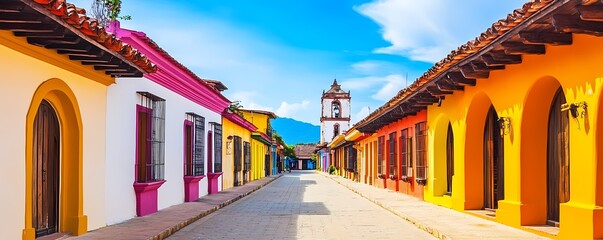 A colorful street lined with brightly painted buildings.