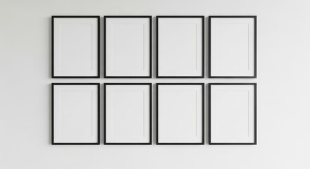Photo of eight empty picture frames are arranged in a grid on a white wall, ready for display