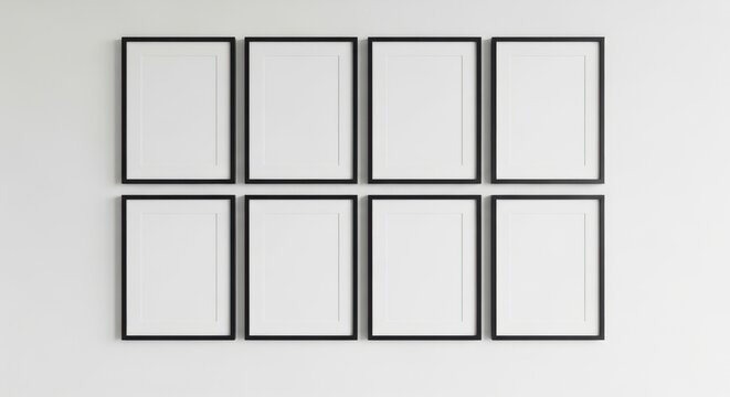 Photo of eight empty picture frames are arranged in a grid on a white wall, ready for display