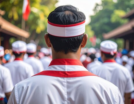 An Indonesian man wearing a red and white headband, facing backward.