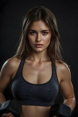 Naklejka premium Strong athletic woman in sportswear holding dumbbells during a workout, showing determination, strength, and fitness lifestyle against a dark studio background