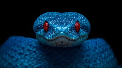 Close-up macro shot of a striking blue viper snake with vibrant red eyes against a dark background, showcasing its textured scales, sharp focus, and exotic reptilian beauty


