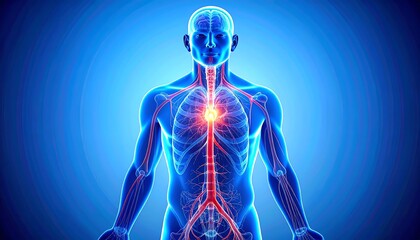 3D anatomical illustration of a human torso, highlighting the circulatory system