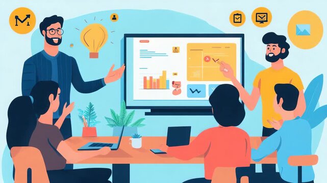 Animated teamwork session: Business professionals brainstorming with data analysis display and - Powered by Adobe