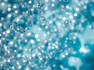 Abstract macro photograph of sparkling water bubbles floating in bright turquoise liquid with shimmering bokeh lights, creating a refreshing and vibrant backdrop for design and creativity

