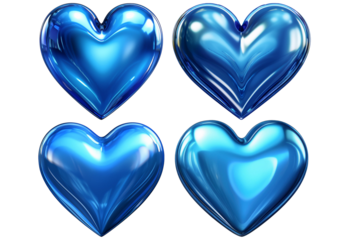Set Glossy shiny blue heart isolated on a transparent or white background
