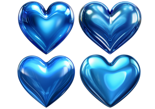Set Glossy shiny blue heart isolated on a transparent or white background