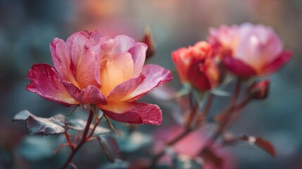 Obraz premium Gallica rose with tempo and flower concept. Beautiful blooming roses showcasing vibrant colors and elegance.