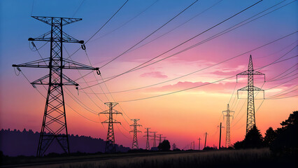 Fototapeta premium Electricity Towers Silhouetted Against a Colorful Sunset Sky Power Transmission Infrastructure