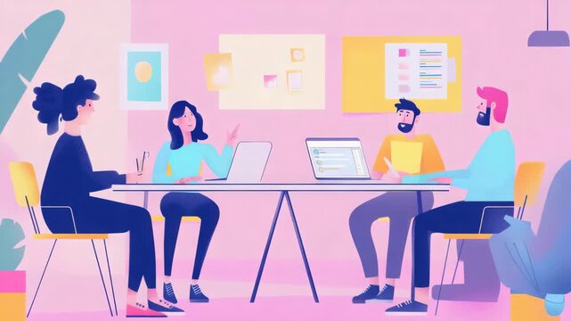 Energetic business team collaboration concept, creative brainstorm session animated flat design