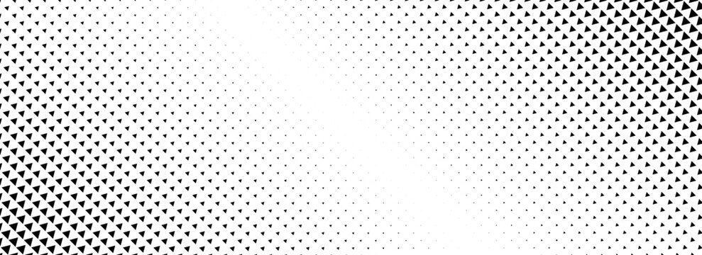 Fading triangle halftone texture gradient pattern. Abstract diagonal geometric background. Tech mosaic triangular halfton gradation. Vector vanishing corner arrow wallpaper for banner, booklet, poster