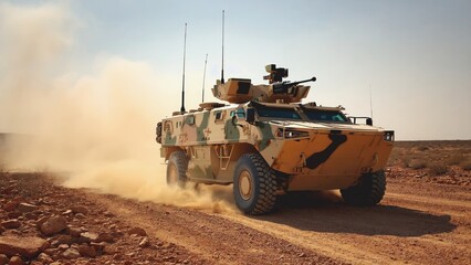 Fototapeta premium Armored military vehicle with camouflage paint drives at high speed across rocky desert terrain, raising clouds of dust, demonstrating tactical power, rugged design and mobility in harsh environment