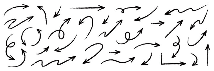 Arrow vector line icon set. Hand drawn brush sketch arrow line curve up, down shape chalk texture element set. Abstract grunge scribble chalk crayon style. Vector illustration © Polina Tomtosova