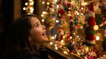 A child gazes in wonder at Christmas ornaments - Powered by Adobe