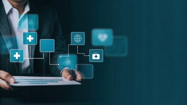 Healthcare business graph and data of Medical business growth, Medical hub on global network, Businessman touch and analyzing data   growth of investment, Financial and banking, Health business report
