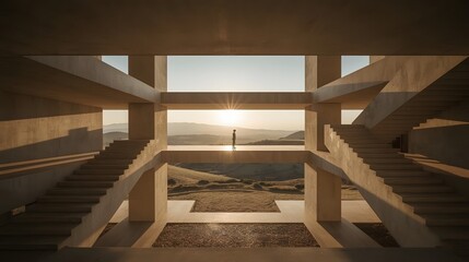Obraz premium Modern minimalist concrete architecture with layered geometric structures, open spaces, and a lone figure at sunset, perfect for architectural design, background, and conceptual creative projects