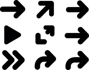 Collection of nine black arrow icons in a grid silhouette