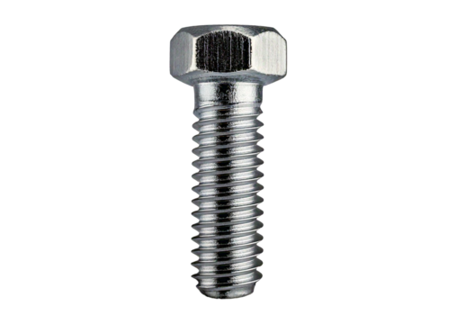 Small hexagonal steel screw with a detailed threaded body, isolated on transparent or white background