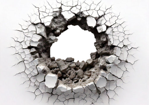 Hole breaking through white wall, isolated on a transparent or white background