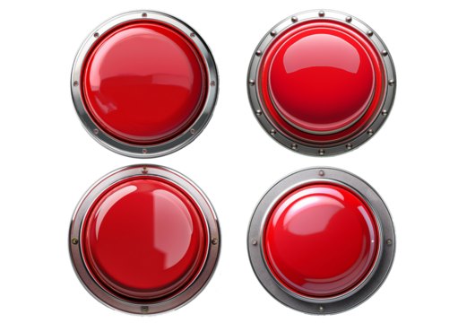 Set Red round push button with metallic border isolated on a transparent or white background