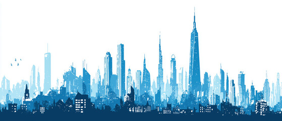 City skyline with modern buildings in blue tones