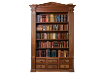 Large bookcase full of books isolated on transparent or white background