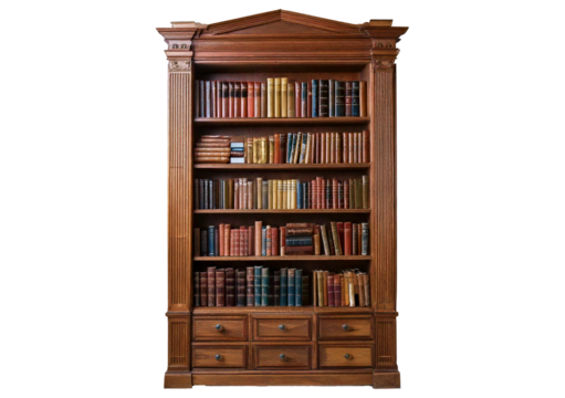 Large bookcase full of books isolated on transparent or white background