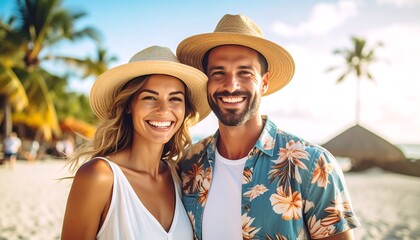 Happy couple smiles on tropical beach