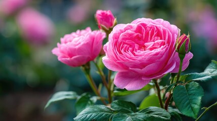 Gallica rose with tempo and flower concept. Beautiful pink roses blooming in a vibrant garden setting.
