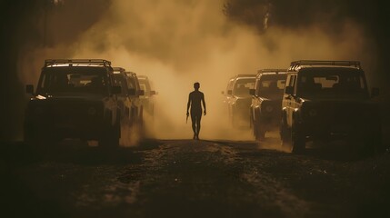 A lone figure walking between off-road vehicles on a dusty road with dramatic cinematic lighting, creating a tense atmosphere perfect for action, adventure, and movie concept background use
