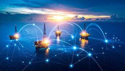 Offshore oil rigs interconnected by digital network at sunset