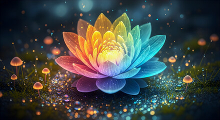 Radiant lotus flower showcases mesmerizing rainbow colors in a mystical garden setting under a dark night sky.