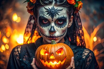 Woman with skull makeup holds a glowing jackolantern