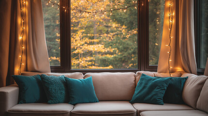 Fototapeta premium Cozy living room with string lights and forest views through large windows, in a home 