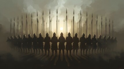 Silhouette of ancient warriors holding spears in a foggy battlefield with dramatic light, creating an epic historic scene ideal for concept art, fantasy projects, and cinematic backgrounds

