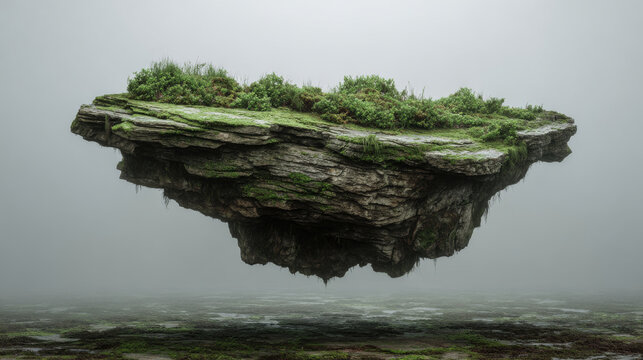 Huge flat rock with moss on it floating in air, surrounded by misty atmosphere, creates surreal and enchanting scene