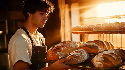 A young man with dark hair, wearing an apron, is taking out bread from the oven.