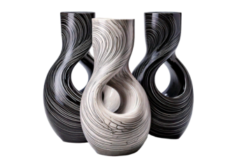 Textured black and white ceramic vases with a swirling pattern and modern design, isolated on transparent or white background