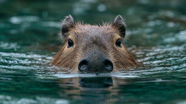 Capybara swimming water, showcasing its unique features and natural habitat. This wildlife photography captures essence of tranquility and nature - Powered by Adobe
