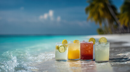 vibrant collection of top  famous cocktails elegantly arranged on sunny beach showcasing delightful essence of
