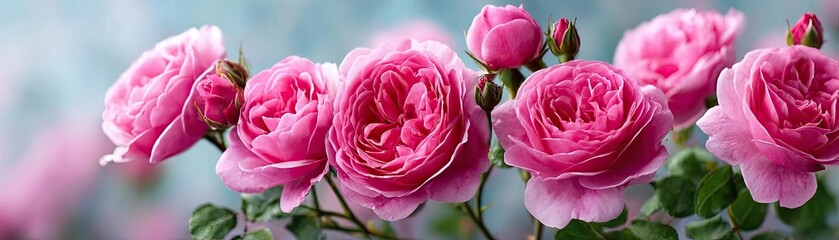 Obraz premium Gallica rose with tempo and flower concept. Stunning close-up of pink roses blooming beautifully in a garden.