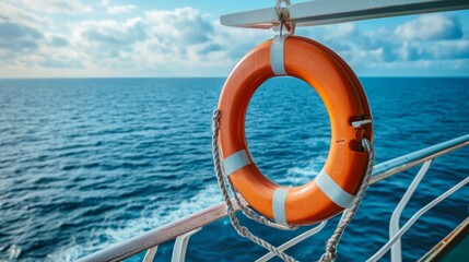 Lifebuoy hanging on a cruise ship, with an ocean background, generative ai