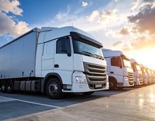 White trucks parked in a row at sunset