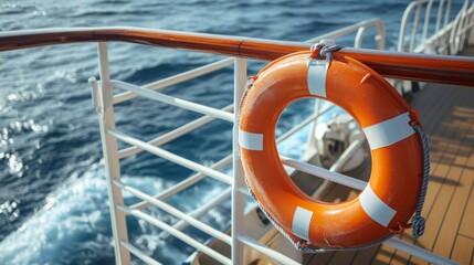 Lifebuoy hanging on a cruise ship, with an ocean background, generative ai
