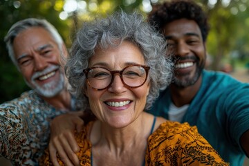 Senior friends enjoying a happy get-together in a relaxed outdoor setting