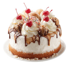 Festive ice cream cake with whipped cream, cherries, and sprinkles
