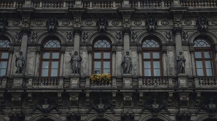 Obraz premium Detailed view of an ornate classical building facade with stone statues and a balcony with vibrant orange flowers, showcasing historic European architecture perfect for artistic and travel backgrounds