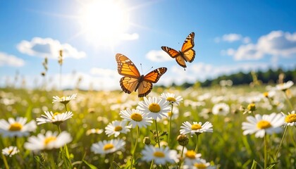 Butterflies above daisies in sunny field