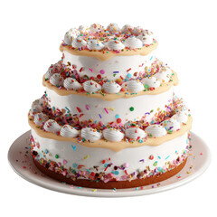Three-tiered cake with colorful sprinkles and frosting