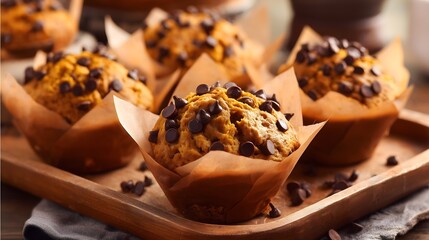 Pumpkin chocolate chip muffins in parchment wrappers on tray
